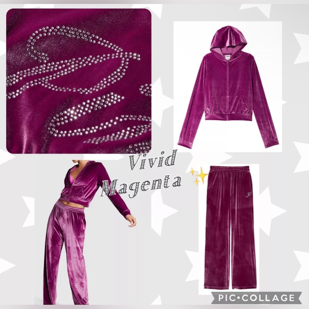 Victoria Secret Pink Bling Velour Shine Full-zip Crop Hoodie & Wide-leg Pants M
